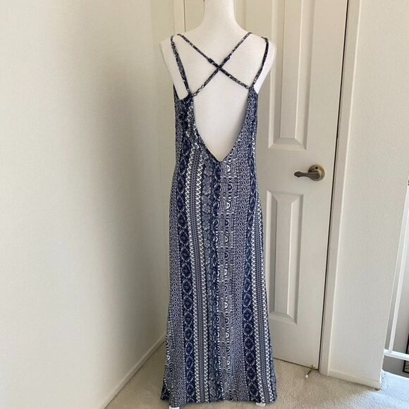Honolua Wahine Sz Med Maxi Dress Blue White Native Print Side Splits - Picture 5 of 9